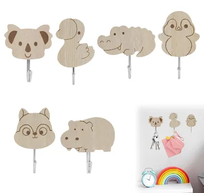 Haken-Set aus Holz, 6 Tierhaken, selbstklebend, für Kinderzimmer