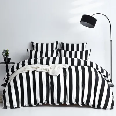 Zdjęcie produktu dla Komplet pościeli 135x200 cm, bawełna, czarno-biały, w paski, 2-częściowy, z zamkiem