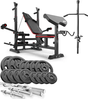 Produktbild von Hop-Sport multifunktionale Hantelbank HS-1075 - mit Curlpult und Latzugturm - inkl. 76 KG Gusseisen Hantelset Lang-, Curl- & Kurzhantelstange, Gewichte