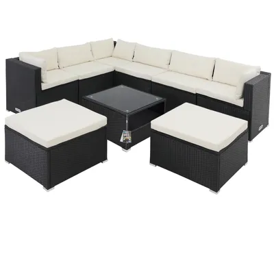 Produktbild von CASARIA® Gartenmöbel Set Polyrattan 8 Personen Wetterfest Tisch 5mm Sicherheitsglas Lounge Outdoor Terrasse Eck Sofa Sitzauflagen, Farbe:schwarz/creme