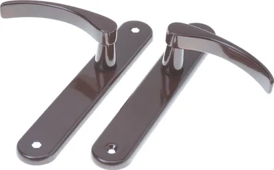 Two brown door handles with long plates are shown against a white background.