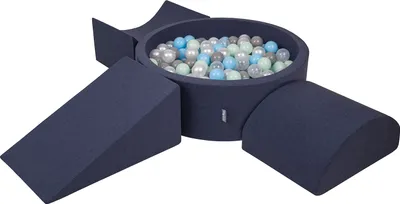Produktbild von KiddyMoon spielplatz aus schaumstoff mit rund bällebad (300 bälle) ballgruben für babys spielbad hindernisläufen, hergestellt in der eu, dunkelblau:perle/grau/transparent/babyblue/minze