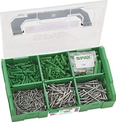 Produktbild von SPAX Sortiment L-BOXX klein, Schrauben-Set mit 3 Abmessungen + Dübel, 480 Stück, Senkkopf, T-STAR plus T20, WIROX - 5000009160209