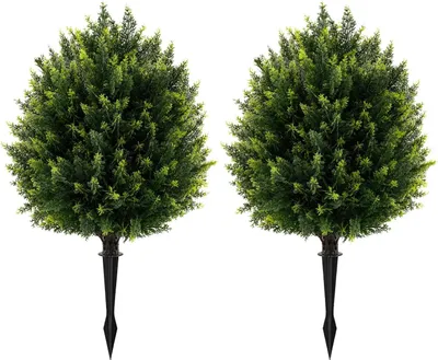 Image de Cyprès artificiels - Arbres topiaires sphériques, lot de 2 - Hauteur 61 cm - Avec piquets - Résistants aux UV pour une utilisation en extérieur - Plastique PP - Vert