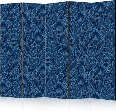 Produktbild von 5-teiliger Doppelseitiger Vlies Paravent - Dense Vegetation - Botanical Patterns in Illustrative Style; Blue 225x172 cm Blumen f-A-10177-z-b