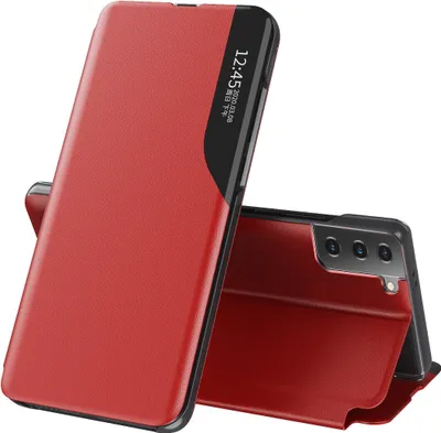 Image de Etui pour Samsung Galaxy S21 FE 5G, étui en cuirPolyuréthaneavec fenêtre et fonction stand rouge