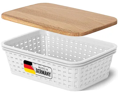 Produktbild von Novaliv Aufbewahrungsbox mit Holzdeckel Mini 1L Korb Weiß in Rattan Design Lebensmittelecht Aufbewahrungskorb Stapelbox Nestbar Kunststoff BPA-frei Kiste Verstaubbox mit Deckel