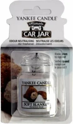 A Yankee Candle Car Jar air freshener in 'Soft Blanket' scent, presented in its retail packaging.