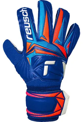 Imagen del producto de Guantes de portero Reusch Attrakt Solid, con un cierre altamente elástico y seguro. Modelo 4126, en color azul intenso/blanco/naranja brillante. Talla 8