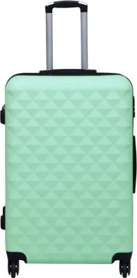 A mint green hard-shell trolley is shown against a white background.