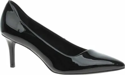 A single black patent leather pump shoe is shown against a white background.