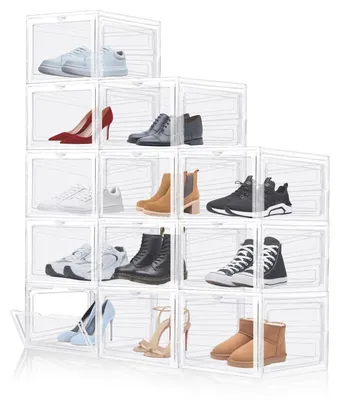 Image de Lot de 12 rangements à chaussures - Boîtes de rangement transparentes et empilables - Plastique PP rigide - Porte magnétique - 34 x 27 x 19 cm