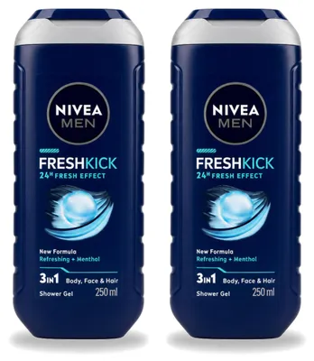Imagen del producto de 2 unidades de gel de ducha 3 en 1 Nivea Men Fresh Kick - 250 ml - Paquete económico