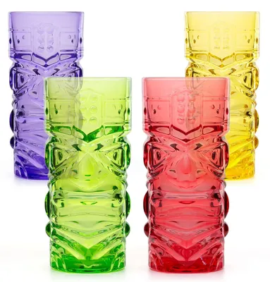 4er-Set Tiki-Cocktailgläser 450 ml, farbig, hawaiianisch