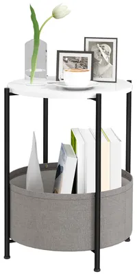 Productafbeelding van Ronde bijzettafel met stoffen mand, salontafel met 2 niveaus voor woonkamer, slaapkamer, kleine ruimtes, metaal, grijs+wit