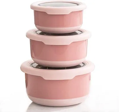 Zdjęcie produktu dla Zestaw 3 pojemników na lunch ze stali nierdzewnej, pokrywki antypoślizgowe, 420 ml, 730 ml, 1,2 l, szczelne, bez BPA, z podziałem na porcje – różowe