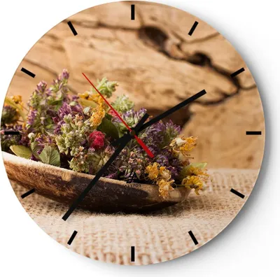 Produktbild von Wanduhr - Rund - Glasuhr - Kraut Tee  getrocknete Kräuter - 30x30cm - Schleichendes Uhrwerk - Lautlos - zum Aufhängen bereit - Dekoration Modern - Wanddekoration aus Glas - C3AR30x30-2471