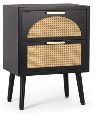 Immagine prodotto di Comodino nero con 2 cassetti e dettagli in rattan 45x30x60 Josine YES