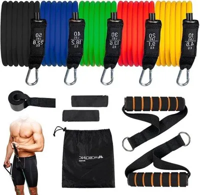 Productafbeelding van Famanu weerstandsband set met accessoires - 5 weerstandsbanden, antislip, voor fitness en yoga
