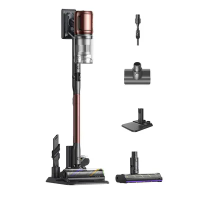A cordless vacuum cleaner and its accessories are displayed against a white background.