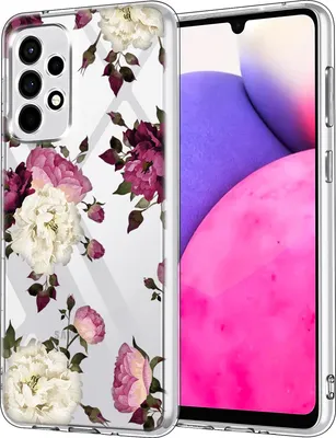 A clear, close-up shot of a phone case with a floral pattern, placed next to a phone.