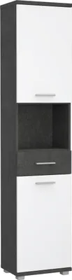 Produktbild von Forte CHAMP Badschrank 40, moderner, hoher Badschrank mit 2 Türen und 1 Schublade, offenes Regalfach, Holzwerkstoff, Betonoptik Dunkelgrau mit Weiß, 40,1 cm breit x 183,6 cm hoch x 28,9 cm tief