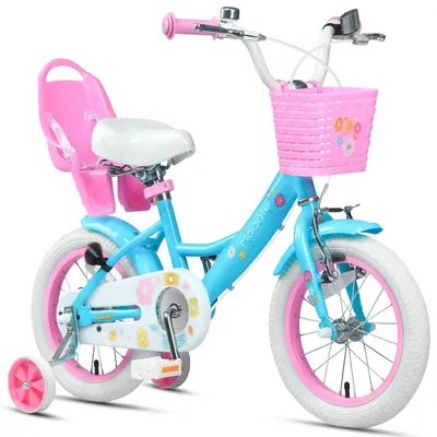 Kinderfahrrad 14 Zoll, Mädchen, Puppensitz, Korb, Stützräder, Blau