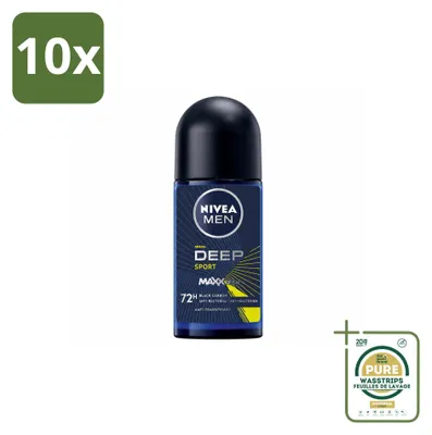 Imagen del producto de 10 unidades de antitranspirante en roll-on NIVEA MEN Deep Sport, 50 ml cada uno. Pack ahorro