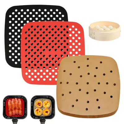 Immagine prodotto di Carta forno e tappetini in silicone per friggitrice ad aria, confezione da 100 fogli di carta (21,5 cm), 2 tappetini in silicone (21,5 cm), forati