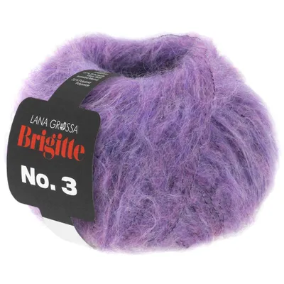 A ball of fluffy purple yarn with a black label attached.