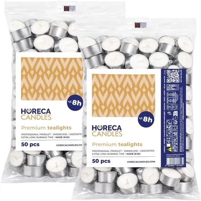 Obrázok produktu pre HORECA CANDLES čajové sviečky 100 ks – biele, 8 h, bez vône, parafín - svadba, zdobenie, oslava, relaxácia, párty