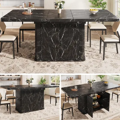 Imagen del producto de Mesa de comedor de 140-180 cm, con espacio de almacenamiento oculto, superficie extensible, detalles en relieve verticales y apariencia de mármol