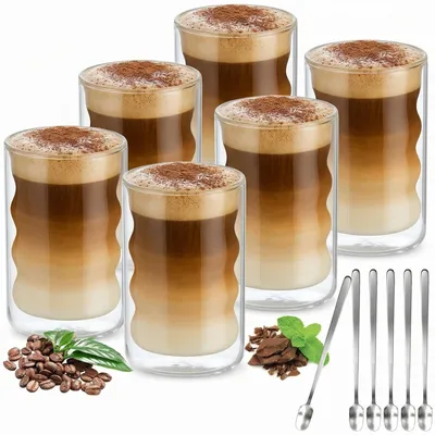 Doppelwandige Latte-Macchiato-Gläser 400 ml, 6er-Set mit Löffeln