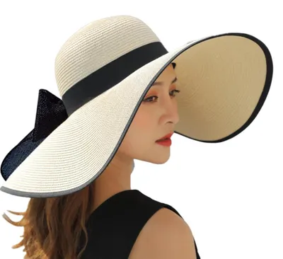 Produktbild von Damen-Strohhut mit großer Schleife, großer, faltbarer Strandhut, Sonnenhut, UV-Schutz, beige