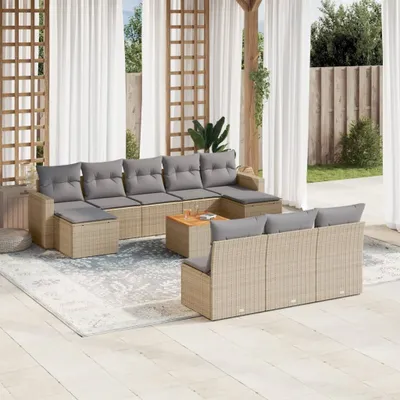 Produktbild von Design 11-tlg. Garten-Sofagarnitur mit Kissen Beige Poly Rattan, Gartensofas 2024 Neu