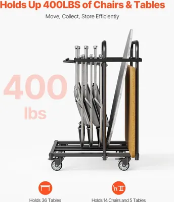 Obrázek produktu pro Skládací vozík na židle pro 5 stolů + 14 židlí o nosnosti 400 liber s kolečky