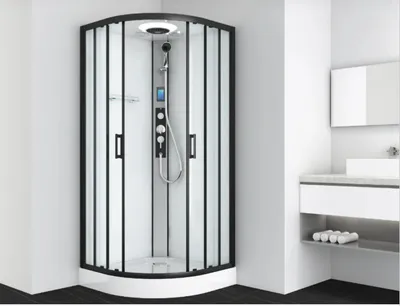 A modern shower cabin in a bathroom setting.