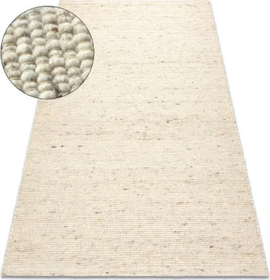 A beige rug is shown from a diagonal angle on a white background, with a close-up inset of the rug's texture.