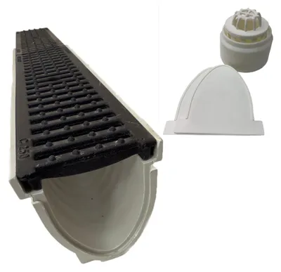 Produktbild von Xanie Entwässerungsrinne V mit Gußrost Klasse C 100cm + Ablaufanschluss-Set vertikal