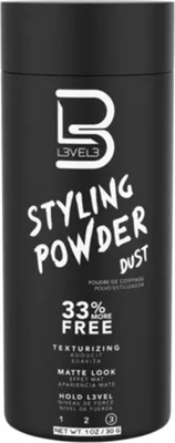 A black cylindrical container of styling powder.