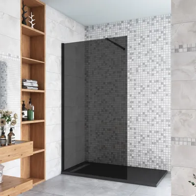Produktbild von Schwarze Duschkabine 120x200cm Duschwand mit Glasschutzfolie 10mm NANO-ESG Walk in Duschtrennwand+73-120cm Stabilisator