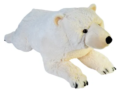 A plush toy polar bear lying down on a white background.
