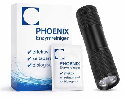 Produktbild von Inkontinenz Reiniger 500g (25L) Enzymreiniger + UV-Lampe Schwarzlicht Matratze Bett gegen Urinflecken Geruch | PHOENIX