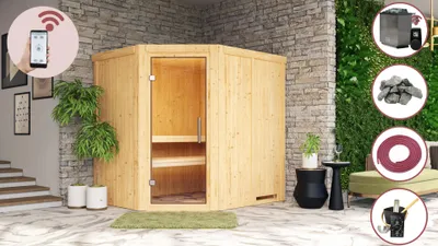 Produktbild von Karibu Sauna Innensauna Heimsauna MARLA 1 Sparset 197x171 cm inkl. 9kw Ofen mit HUUM Wifi (App fähig) Steuerung