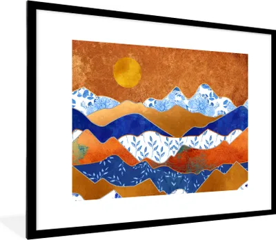 Produktbild von MuchoWow® Gerahmtes Poster Delfter Blau - Gold - Muster 80x60 cm - Poster mit Schwarzem Bilderrahmen Wandposter Rahmen Foto Bilder - Schlafzimmer-Dekorationen - Fotoposter