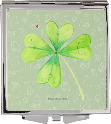 Produktbild von Mr. & Mrs. Panda Handtaschenspiegel quadratisch Blume Kleeblatt - Blattgrün - Geschenk, Neuanfang, Frauen Spiegel, Schminkspiegel klein, Umzug, Garten, Glück, Motivation