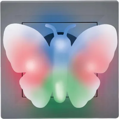 A close-up of a butterfly-shaped night light plugged into a wall socket.