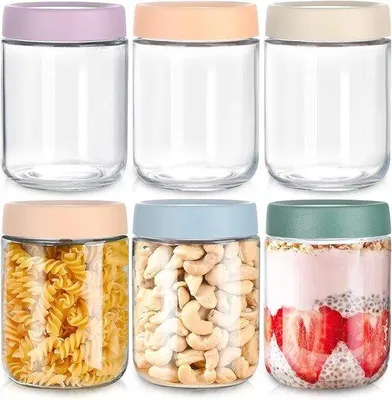 Produktbild von Set aus 6 Glasbehältern mit luftdichten Deckeln, breiten Öffnungen, 500 ml, Glasbehälter für Reste, Snacks, Joghurt, Kräuter und Zucker (6 Stück)
