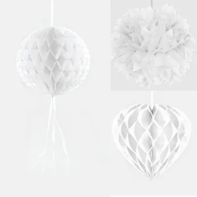 Produktbild von Hochzeitsdekoration Wabenfächer und Pompom weiß - 3er Set