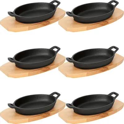 Produktbild von 6x WAS Germany Servierpfanne mit Holzuntersetzer und Seitengriffen 24 x 17,5 x 5 cm Gusseisen